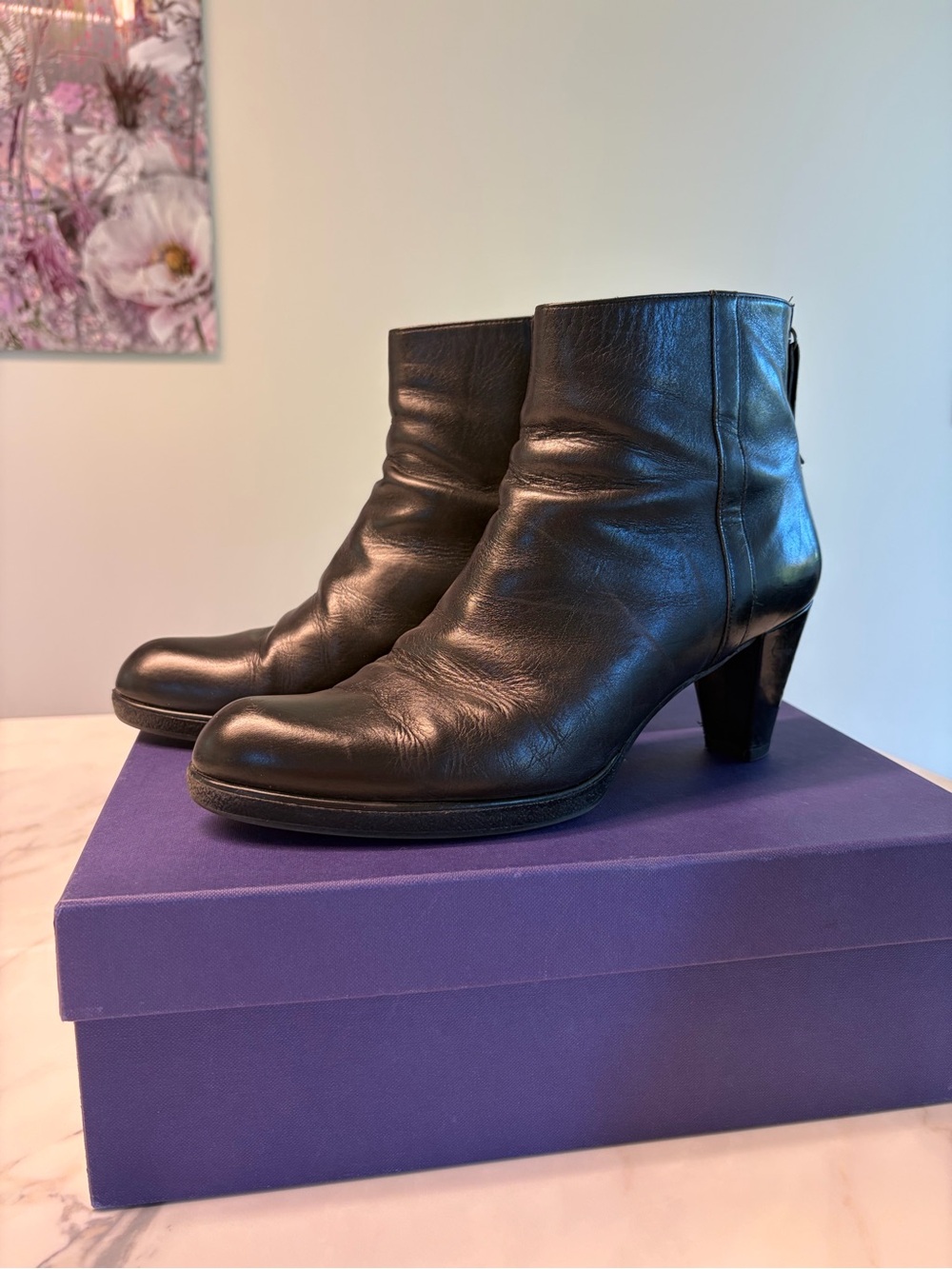 Stuart Weitzman Black Leather ‘Restart’ Back-Zip Booties